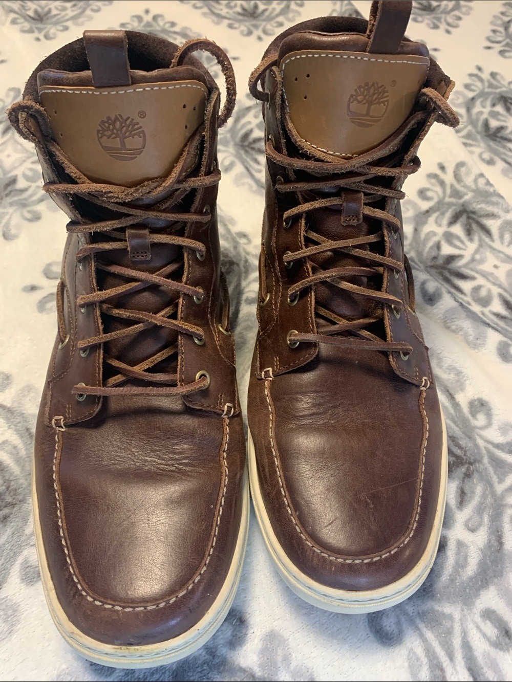 Timberland Men's Dark Brown Leather Moc Toe Boots with White Sole